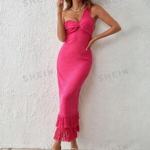 SHEIN Fuchsia One-Shoulder Dress with Fringe